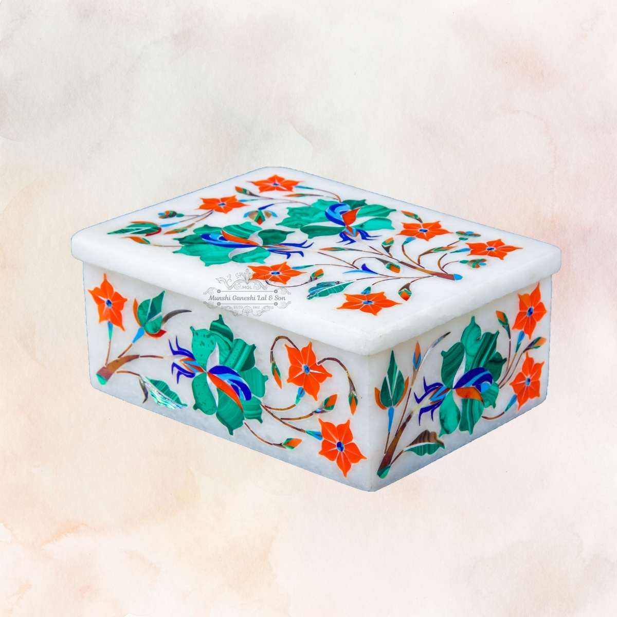 Orange and Green Colour Designed White Marble Jewellery Box